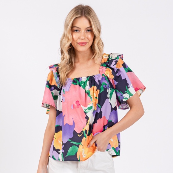 14 Boho Floral Print Ruffle Detail Top - Picture 2 of 7